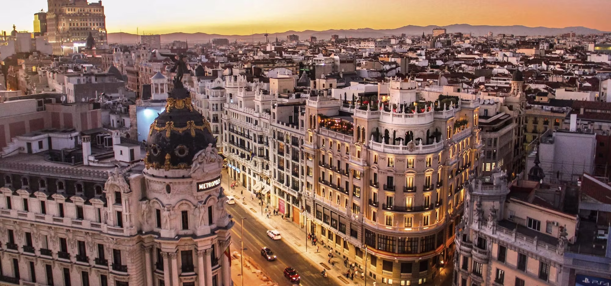 Top view of the city of Madrid at sunset.